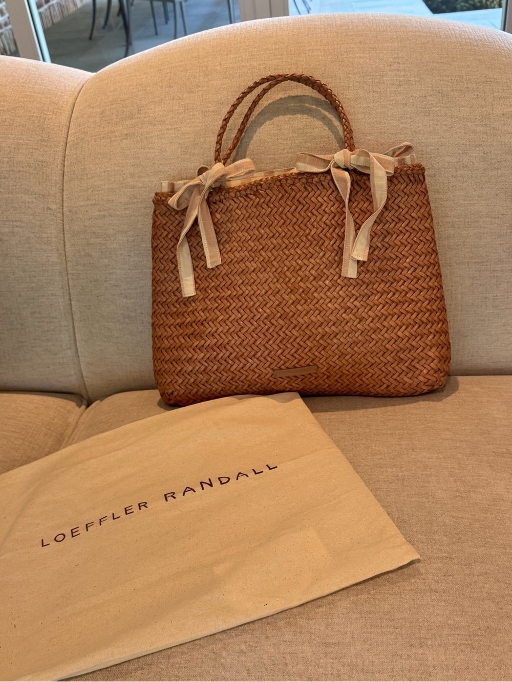 Loeffler Randall Woven Brown Tote with Cream Ribbon Ties